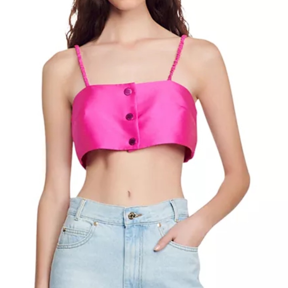 Sandro Hot Pink Satin Braided-Strap Crop Top 3 large - Picture 2 of 10